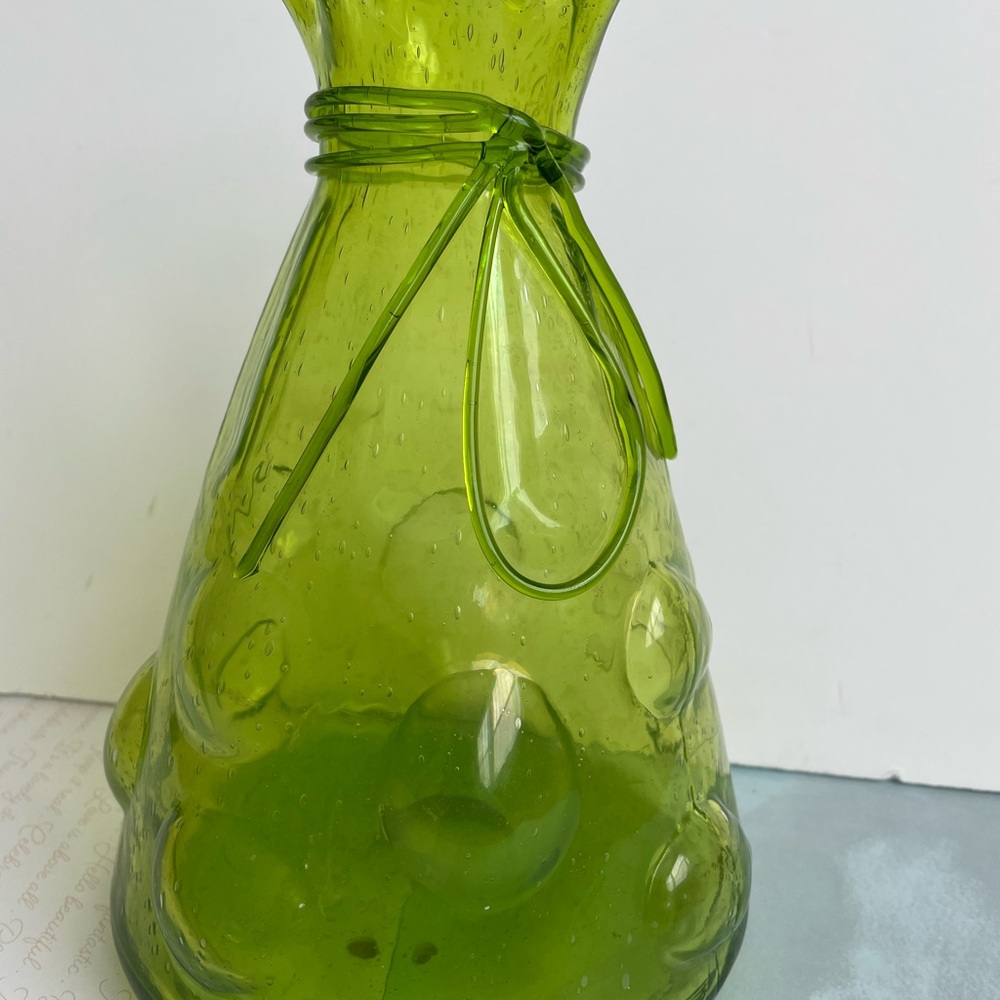 Vintage Green Blown Glass Bubble Vase with Tie Detail 9" Tall